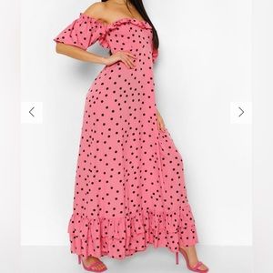 Boohoo Polka Dot Off Shoulder Maxi Dress